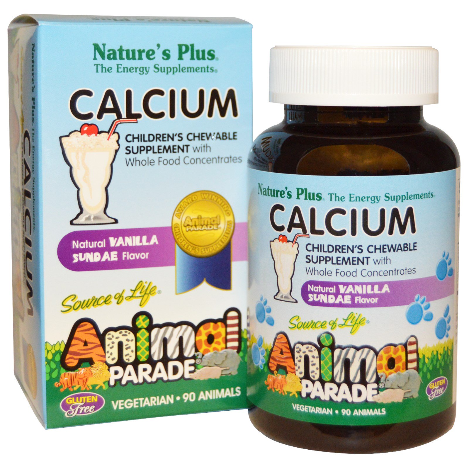 Image of Calcium, Children&apos;s Chewable Supplement, Natural Vanilla Sundae Flavor (90 Animals) - Nature&apos;s Plus