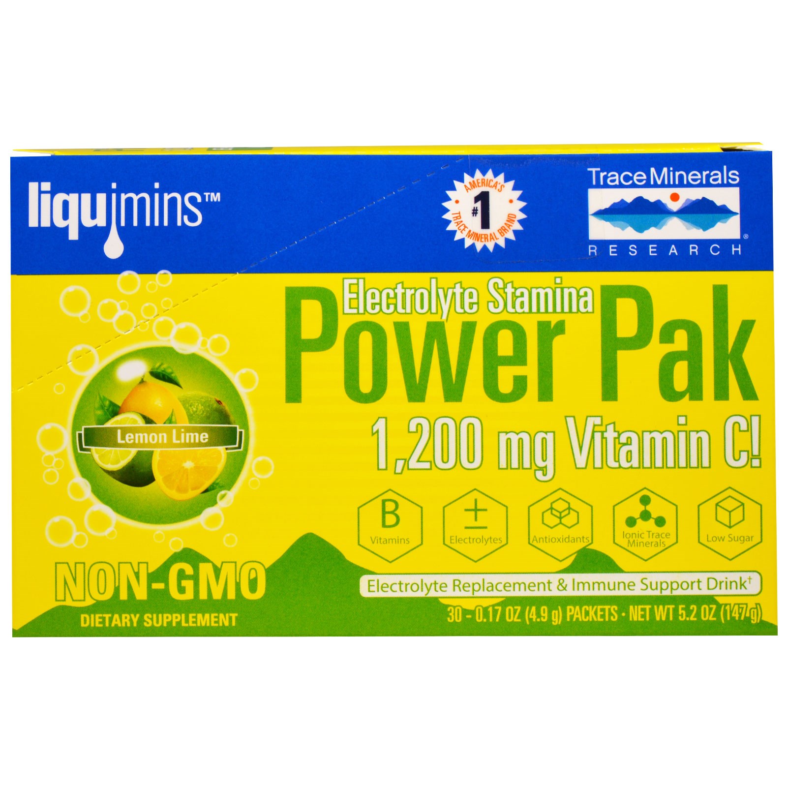 Image of Electrolyte Stamina, Power Pak, Lemon Lime (30 Packets, 4.9 g Each) - Trace Minerals Research