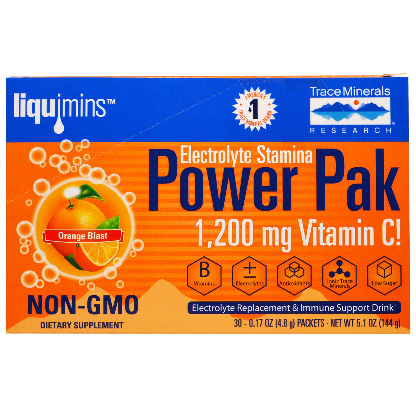 Image of Electrolyte Stamina, Power Pak, Orange Blast (30 Packets, 4.8 g Each) - Trace Minerals Research