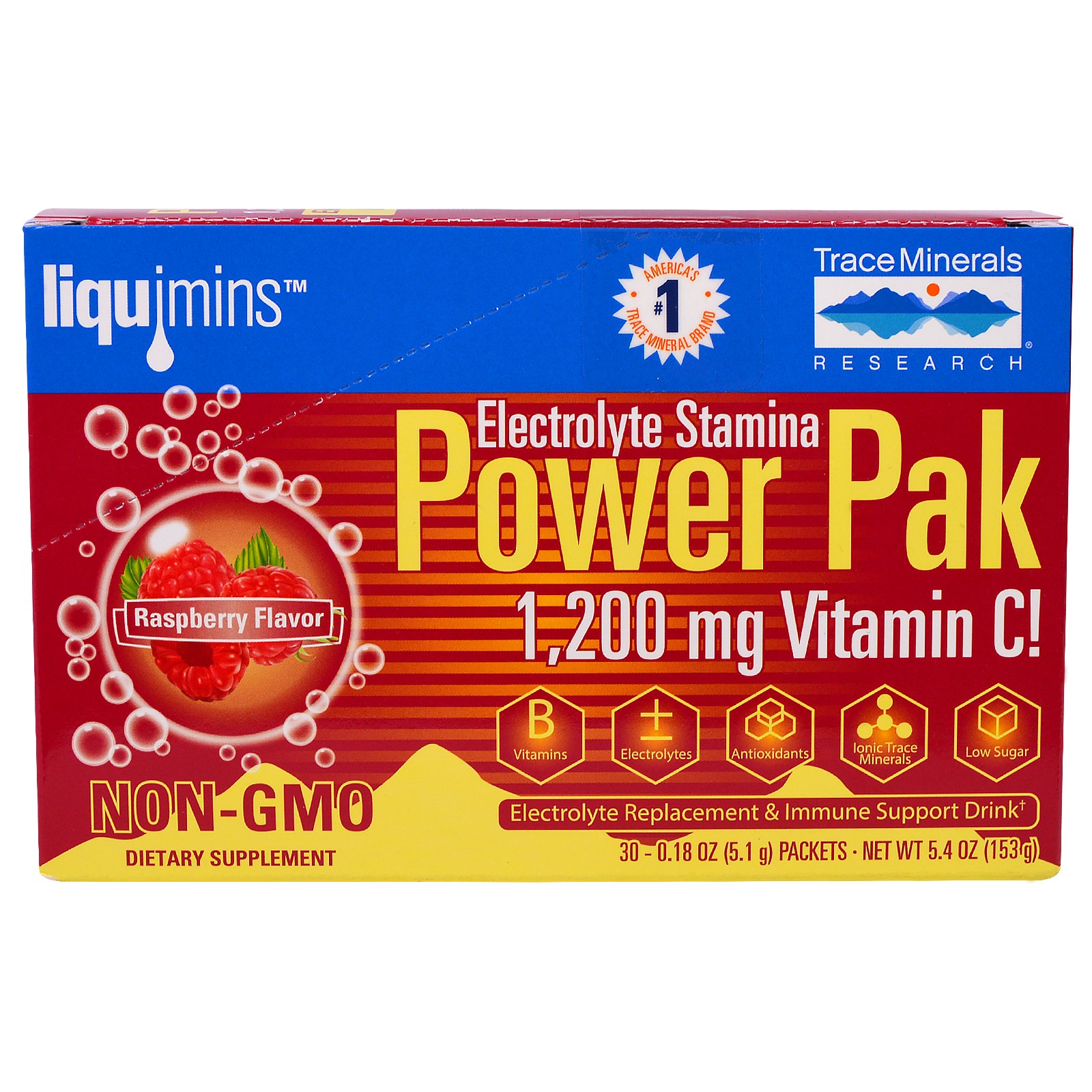 Image of Liquimins, Power Pak, Electrolyte Stamina, Raspberry (30 Packets, 5.1 g Each) - Trace Minerals Research 