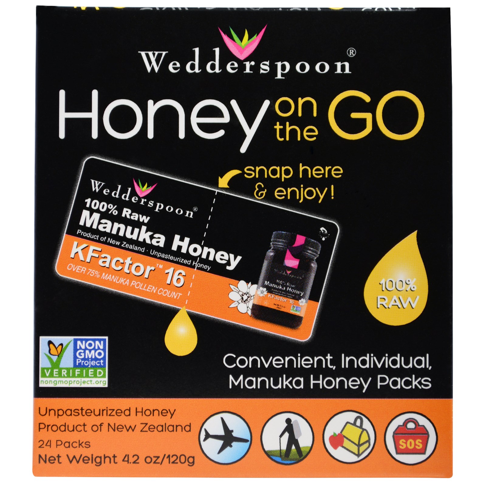 Image of Honey On The Go KFactor 16 (24 Packs, 5 g Each) - Wedderspoon Organic 