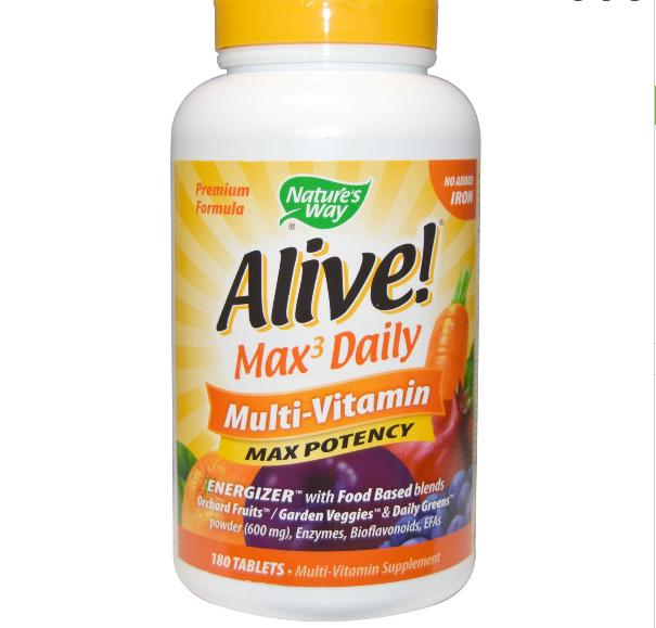 Image of Nature&apos;s Way, Alive ! Whole Food Energizer, multi-vitamines, Max de puissance, pas de fer ajouté, 180 comprimés 