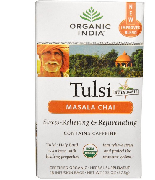 Image of Tulsi Sainte thé basilic, Masala Chai, 18 sacs de perfusion (37,8 g) - Organic India 
